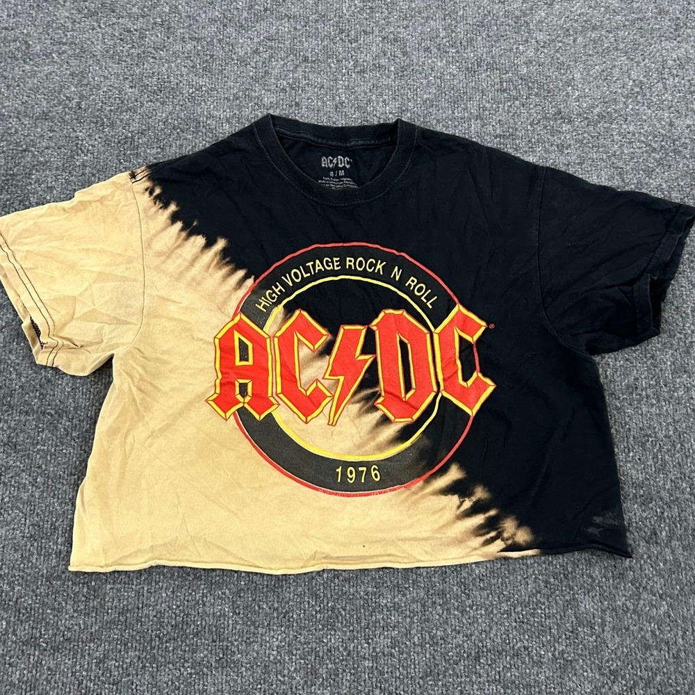 AC/DC Crop Top Womens Size S/M Black Bleach Tie Dye High Voltage Rock Band Tee